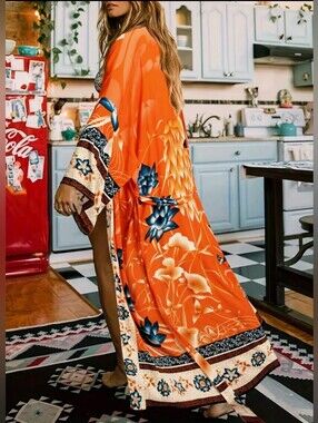 Vibrant Boho Orange Floral Maxi Kimono Dress One Size Nwot